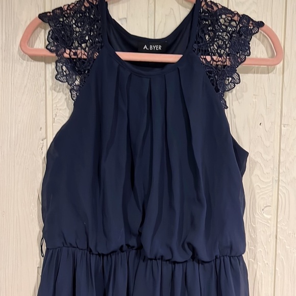 A. Byer Navy Blue Dress with Lace Cap Sleeves - Large - Picture 2 of 12